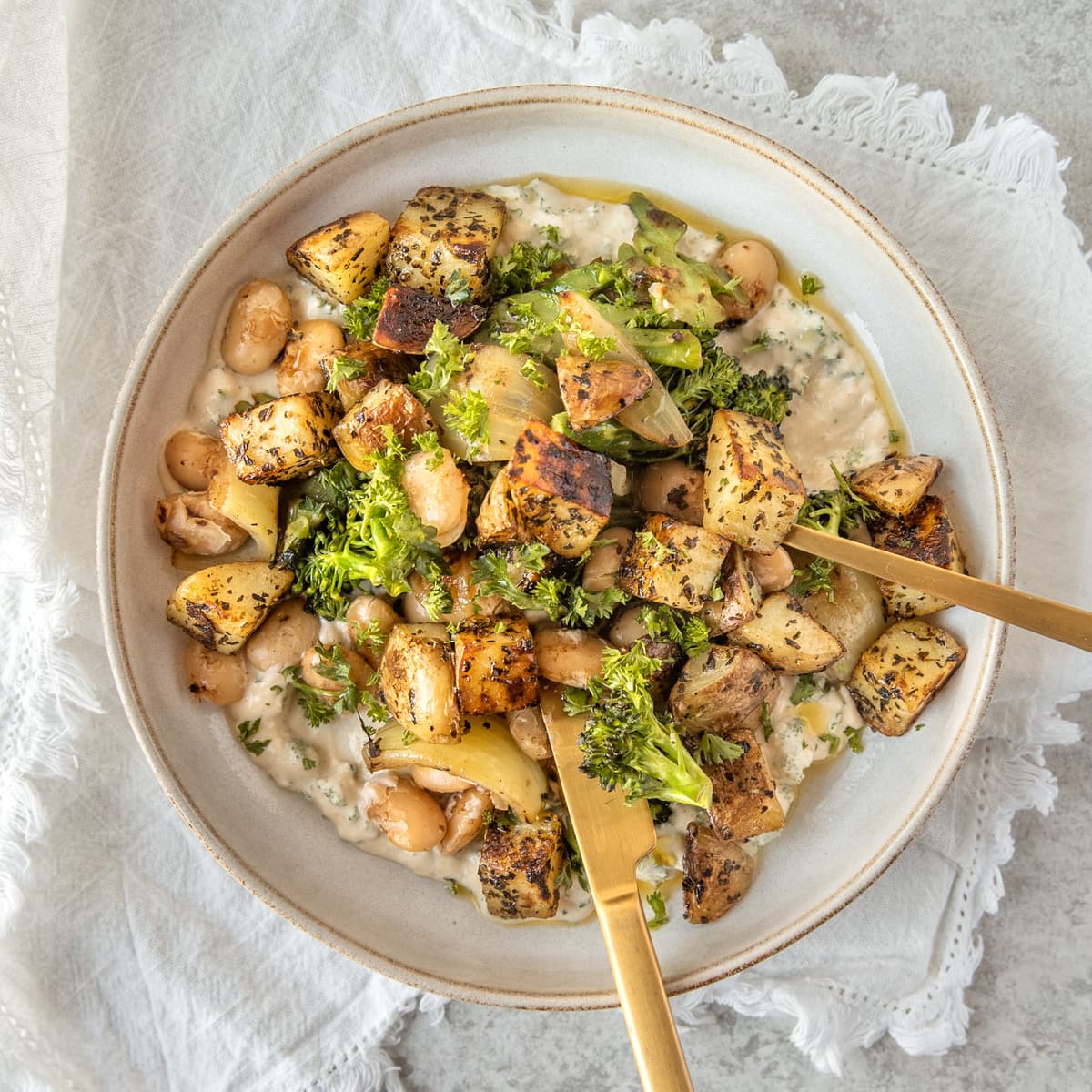 Crispy Potato Broccoli Bowl  | Cookies and Salt